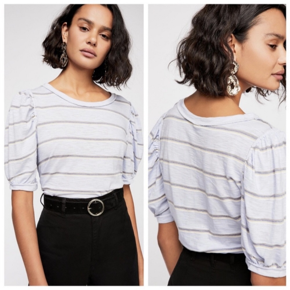 Free People Light Blue Striped Puff Sleeve Tee - Picture 2 of 9